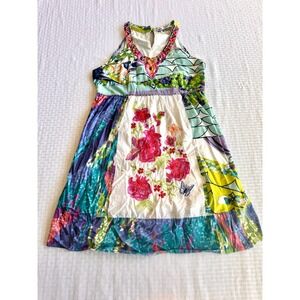 Forla Paris Boho Patchwork Floral Embroidered Dress Sleeveless Multi Color Large